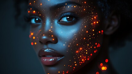 Close-up portrait of a woman with glowing specks on her face.