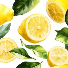 Wall Mural - Watercolor Lemon Slices and Leaves