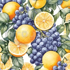 Wall Mural - Watercolor seamless pattern with lemons, oranges and grapes