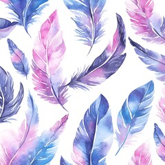 Wall Mural - Watercolor Purple and Blue Feathers Seamless Pattern