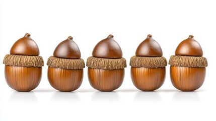 Sticker - Row of Five Brown Acorns Isolated on White Background