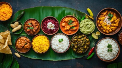 Traditional South Indian meal served on a fresh banana leaf, featuring a variety of colorful dishes, rice, and accompaniments