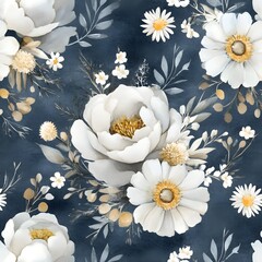 Wall Mural - Seamless Pattern with Watercolor White Flowers and Blue Background