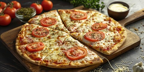 Poster - Pizza topped with cheese and tomatoes served on a wooden platter.