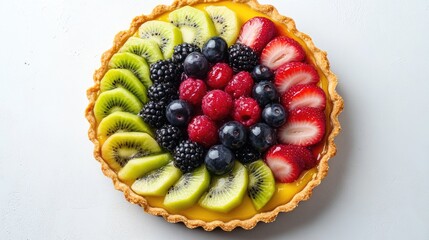 Wall Mural - Vibrant fruit tart with a golden crust, topped with colorful slices of berries and kiwi on a clean white background