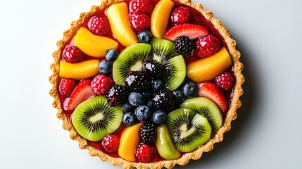 Wall Mural - Vibrant fruit tart with a golden crust, topped with colorful slices of berries and kiwi on a clean white background