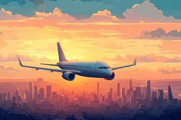 Passenger airplane flying over city skyline at sunrise. Beautiful urban landscape with colorful sky and clouds. Air travel concept.