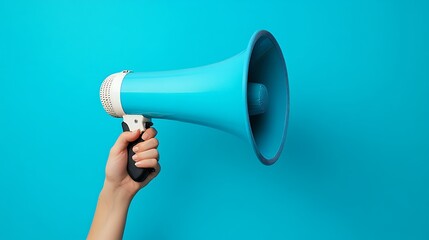 Blue megaphone on blue background holding by a hand, announcement concept