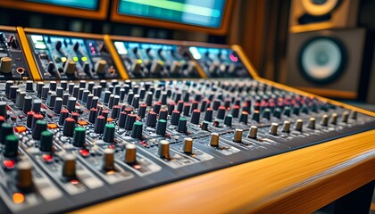 Wall Mural - In-depth perspective of a sound mixing console featuring faders and buttons in a professional studio setting