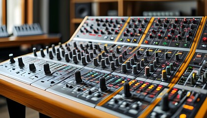 Wall Mural - In-depth perspective of a sound mixing console featuring faders and buttons in a professional studio setting