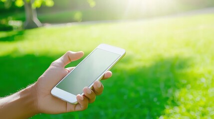 Wall Mural - Hand Holding Smartphone with Green Blurred Background