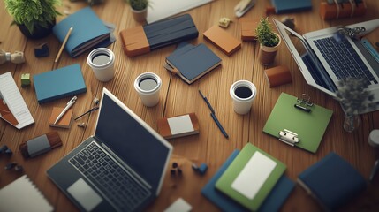 Top view of a messy desk with laptops, notebooks, coffee cups and office supplies.