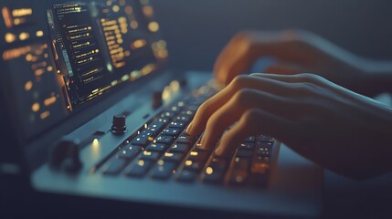 Person working on laptop with globe hologram, representing global connectivity and technology.