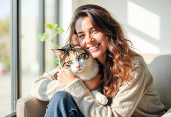 Sticker - Woman Cuddling Her Calico Cat by the Window