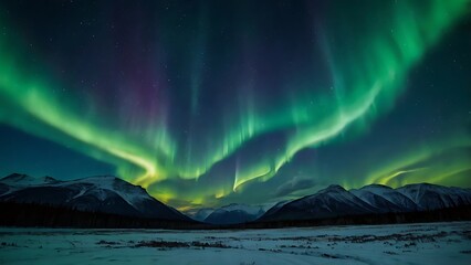 a beautiful view of aurora in northern sky night over the hills. green borealis over the mountains n