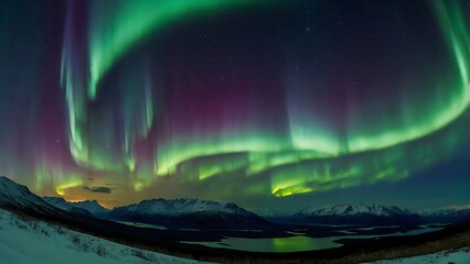 a beautiful view of aurora in northern sky night over the hills. green borealis over the mountains n