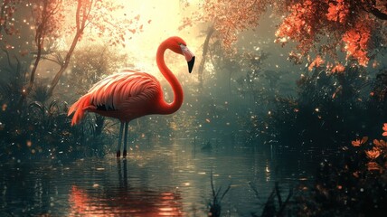 A surreal depiction of a flamingo in a dreamlike environment, blending imaginative and fantastical elements.