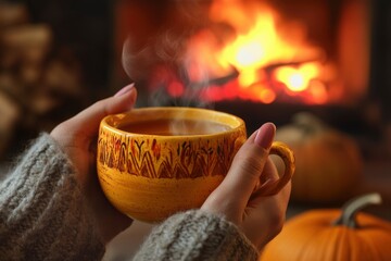 Autumn hygge. Hands holding cup of tea and pumpkin, autumn leaves on table on background of warm fireplace. Cozy fall in living room. Thanksgiving and Halloween, ai