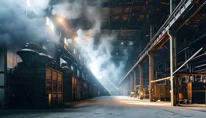 Wall Mural - Mysterious beams of light cutting through atmospheric smoke in an industrial warehouse setting