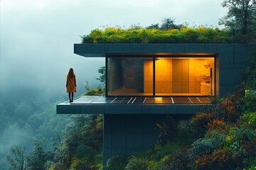 Wall Mural - A person standing on top of a building in the middle of a forest