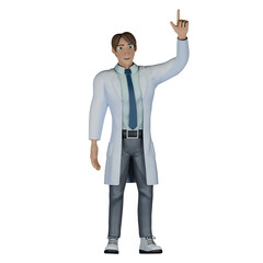 3D Male Doctor Healthcare Illustration. A male doctor stands with his left hand pointing upwards by pointing his index finger and thumb. Professional