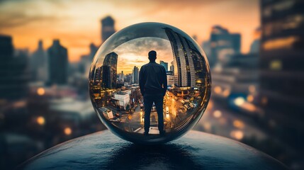 Wall Mural - A Man Gazing at a Cityscape Reflected in a Spherical Object