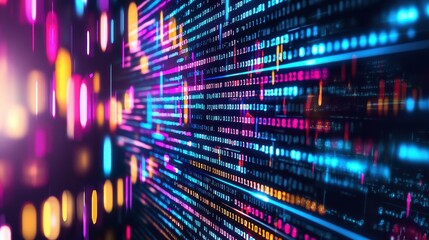Abstract Binary Code Background with Neon Lights and Bokeh