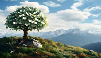 Mountain landscape featuring a tree with banknotes as foliage, symbolizing prosperity and financial stability