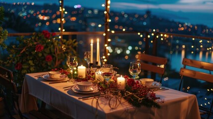 Rooftop terrace with a festive table for a romantic candlelight dinner with city views AI generated