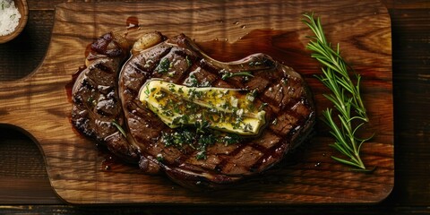 Canvas Print - A perfectly cooked ribeye steak seasoned with garlic-infused butter.