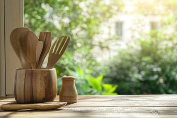 Wall Mural - Kitchen wooden utensils and tool on wooden table top and blurred green garden outside the window background. Space for products and objects , ai