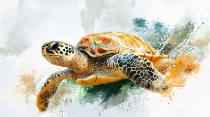 Wall Mural - A turtle illustrated in watercolor style, showcasing its shell with delicate and fluid brushstrokes.