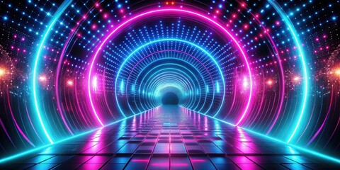 Wall Mural - Vibrant neon light tunnel with pink and blue glowing particles creating a futuristic and dynamic vortex effect , neon, light