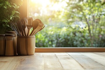 Wall Mural - Kitchen wooden utensils and tool on wooden table top and blurred green garden outside the window background. Space for products and objects , ai