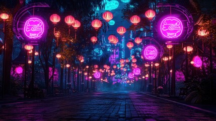 Wall Mural - Neon Lanterns and Cobblestone Street at Night