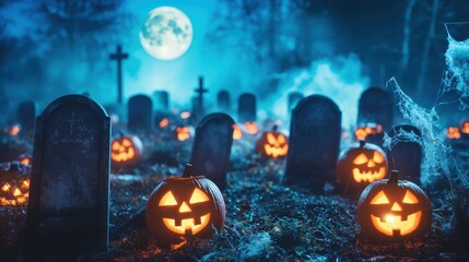 Wall Mural - Spooky Halloween Night Cemetery with Jack O Lantern Pumpkins