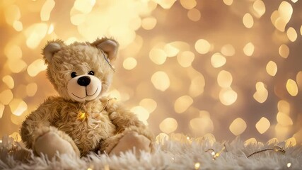 Wall Mural - Cute teddy bear surrounded by warm, festive bokeh lights, creating a cozy and joyful holiday atmosphere.