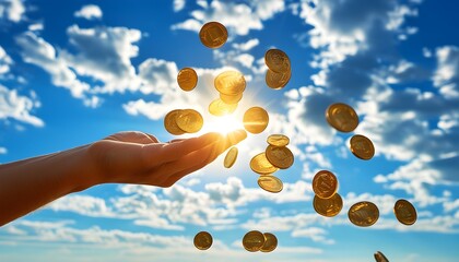 Wall Mural - Releasing Gold Coins Under a Pristine Blue Sky, Emphasizing Financial Opportunity and Hope