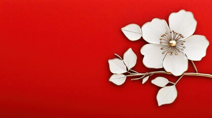 Poster - Red Background with White Flower and Golden Leaves