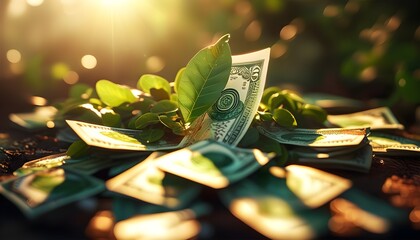 Sunlit tree adorned with banknote leaves symbolizing abundance and financial prosperity