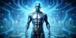 © Arnada - A futuristic, robotic male figure with glowing blue circuitry and metallic limbs stands in a technological landscape,