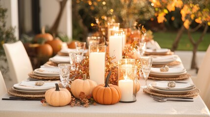 Sticker - Autumnal Table Setting with Pumpkins  Candles and Rustic Decor