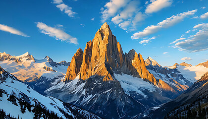 Mountain peak of the tibetan snow-capped mountains serene. Winter’s silent embrace, a beautiful panorama of the mountains at sunset