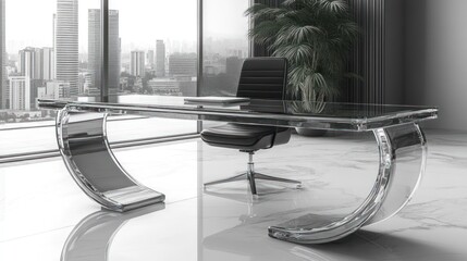 Modern office setup featuring a glass desk and sleek chair.