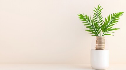 Poster - Minimalist White Background with Green Plant and Wood Circles