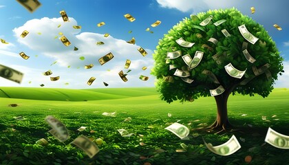 Wall Mural - Wealthy Prosperity: A Tree of Banknotes Flourishing in a Lush Green Field