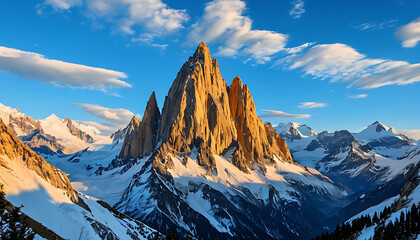 Mountain peak of the tibetan snow-capped mountains serene. Winter’s silent embrace, a beautiful panorama of the mountains at sunset