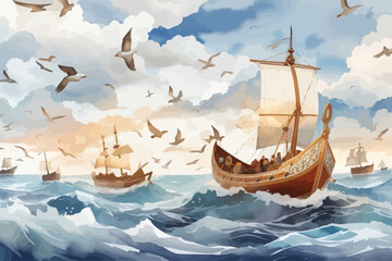 watercolor style pattern of viking sailing ship