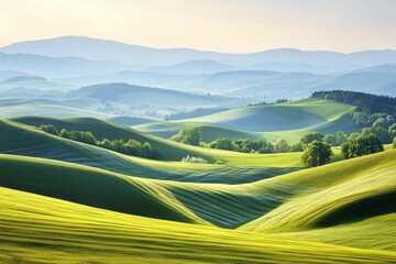 Wall Mural - A scenic view of rolling green hills and distant mountains in the Kralicky Sneznik Mountains of Czechia. The landscape is bathed in warm sunlight, creating a serene and peaceful atmosphere , ai