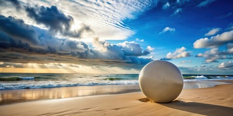 Wall Mural - Beach scene with a large round object on the sand, cloudy sky, and blue ocean , beach, sand, round object, cloudy sky